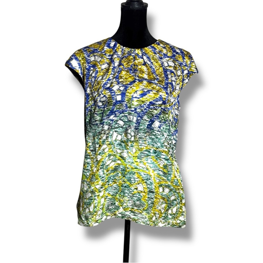 Peter Pilotto Vibrant Cap Short Sleeve Silk Abstract Green/Blue Printed Blouse